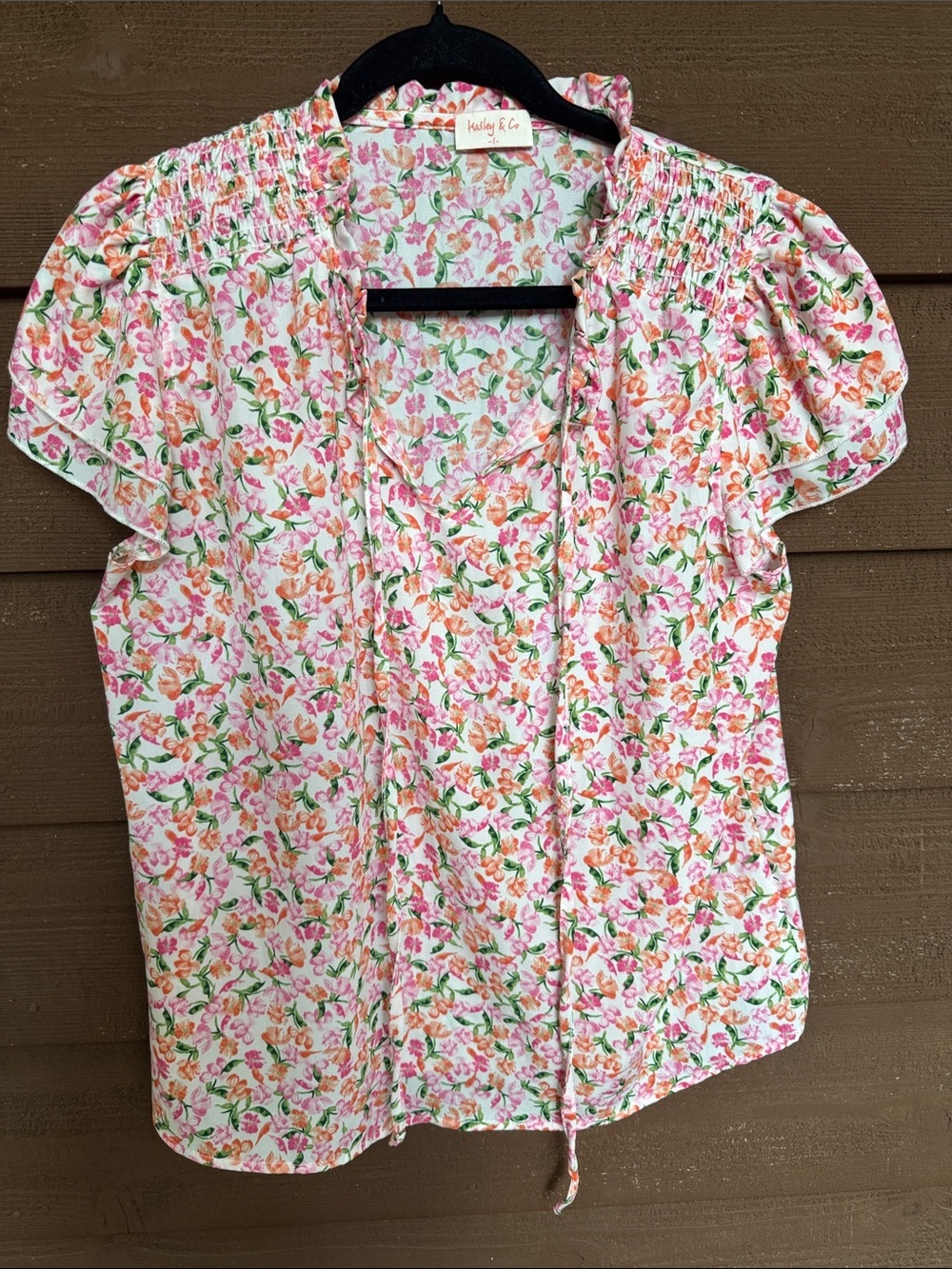 Heidi & Co. White Floral Short-Sleeve Smocked Yoke Blouse size Small